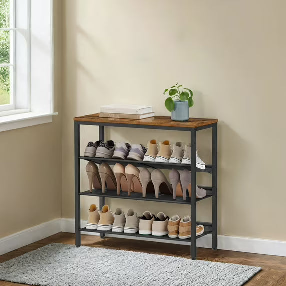 4-Tier Shoe Rack Organizer for Entryway, Adjustable Mesh Shelves, Freestanding, Heavy-Duty Steel & Particleboard, Holds 12-15 Pairs, Rustic Brown，Black