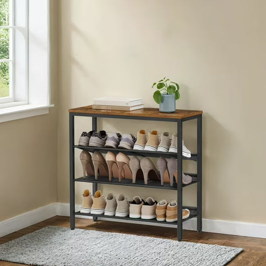 4-Tier Shoe Rack Organizer for Entryway, Adjustable Mesh Shelves, Freestanding, Heavy-Duty Steel & Particleboard, Holds 12-15 Pairs, Rustic Brown，Black