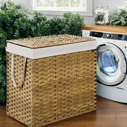 LEDREM 42.3-Gal Foldable Laundry Hamper with Lid & Wheels, Removable Liner, Rattan Design, Space-Saving, Goose Yellow
