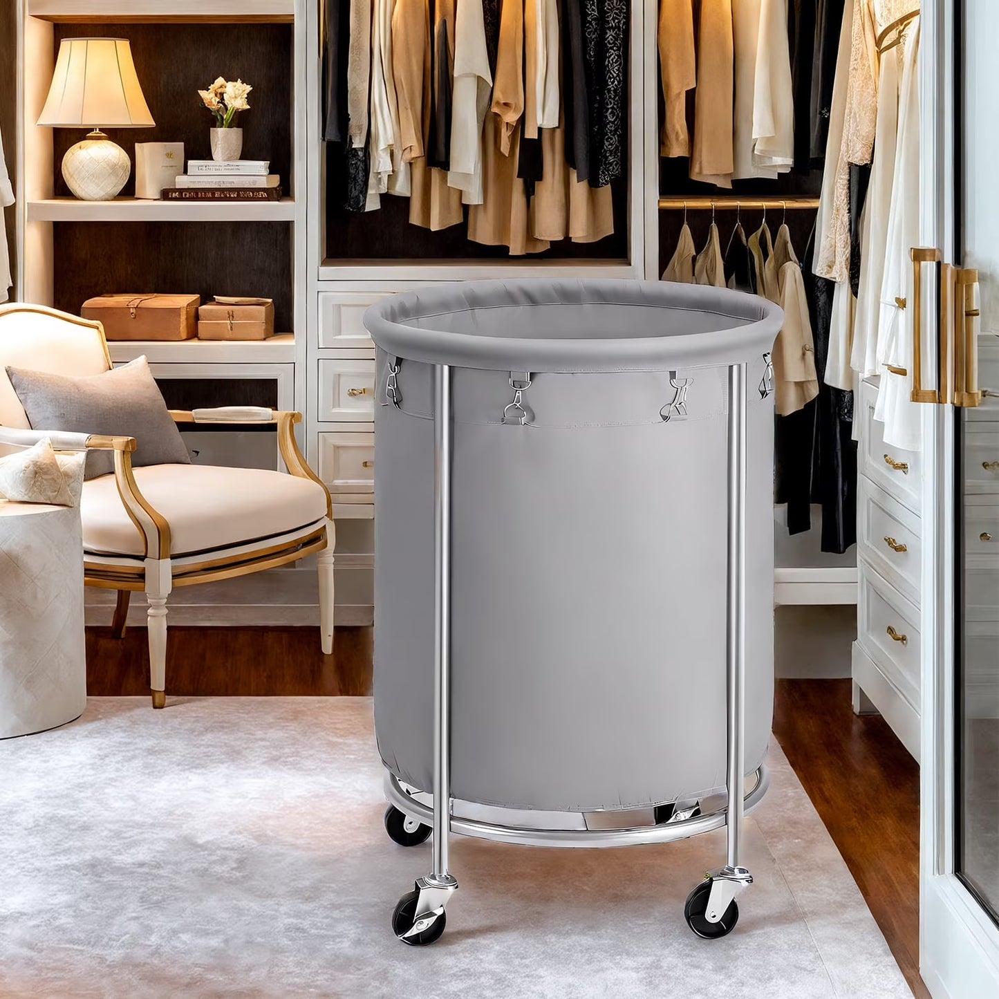 LEDREM 45-Gallon Rolling Laundry Hamper with Wheels, Steel Frame & Removable Bag, 4 Casters with Brakes, Gray and Silver