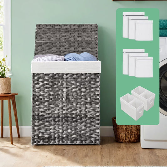 LEDREM Double Compartment Laundry Hamper with Lid - 90L Capacity, 2 Removable Washable Liners, 6 Mesh Bags, Steel Frame & Wicker, Design for Bathroom Storage, Gray
