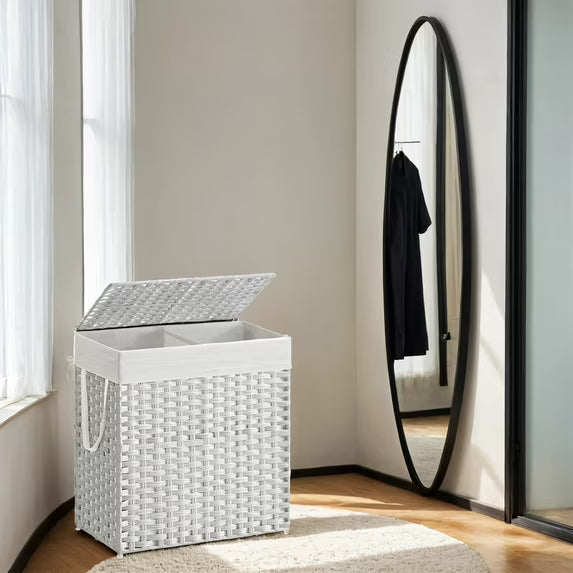 LEDREM Double Laundry Hamper with Lid - 110L Capacity, 2 Removable Washable Liners & 6 Mesh Bags, Steel Frame & Breathable Rattan, 2-Section Sorting for Laundry Room, White