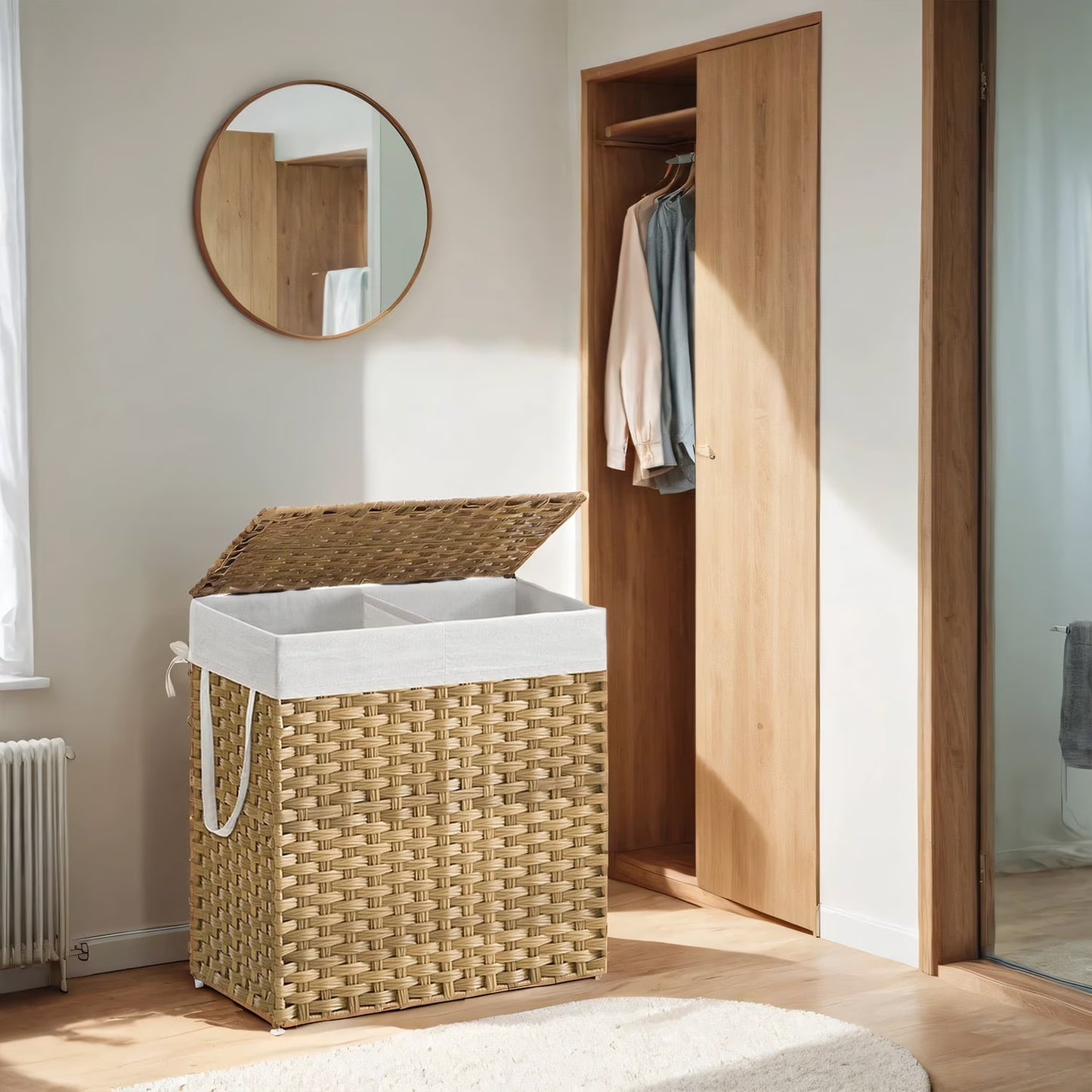 LEDREM Double-Section Laundry Hamper with Lid & 6 Mesh Bags – 110L Capacity, Removable Washable Liners, Sturdy Steel Frame & Rattan for Bathroom，Home – Natural