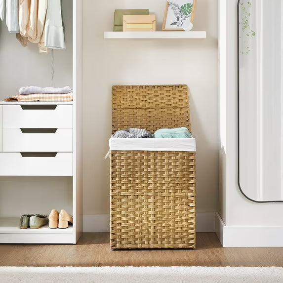 LEDREM Double-Section Laundry Hamper with Lid - 90L Capacity, 2 Removable Washable Liners, 6 Mesh Bags, Steel Frame & Wicker for Bathroom, Natural