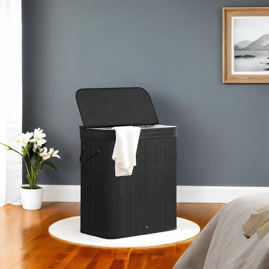 LEDREM Foldable Bamboo Laundry Hamper with Removable Washable Liner, 26.4-Gallon Capacity, Metal Frame & Handles, for Bedroom，Bathroom, Ink Black