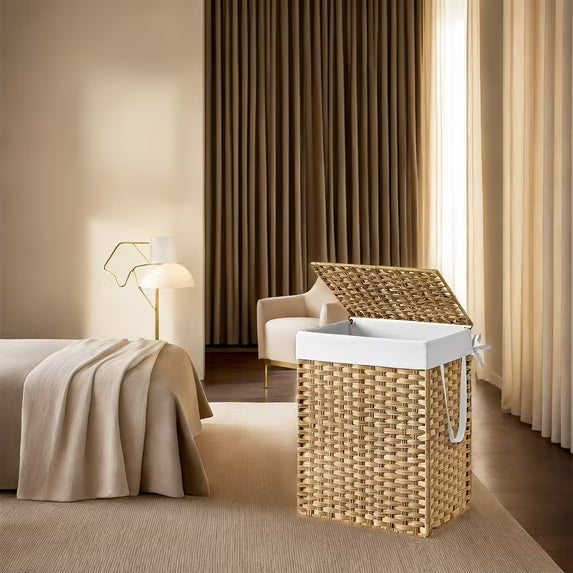 LEDREM Foldable Laundry Hamper with Removable Liner & Lid – 23.8 Gallon (90L) Synthetic Rattan Basket, Handles for Easy Carry, Space-Saving Design, Fits Bathroom，Bedroom, Goose Yellow