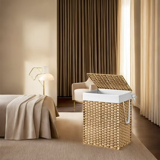 LEDREM Foldable Laundry Hamper with Removable Liner & Lid – 23.8 Gallon (90L) Synthetic Rattan Basket, Handles for Easy Carry, Space-Saving Design, Fits Bathroom，Bedroom, Goose Yellow