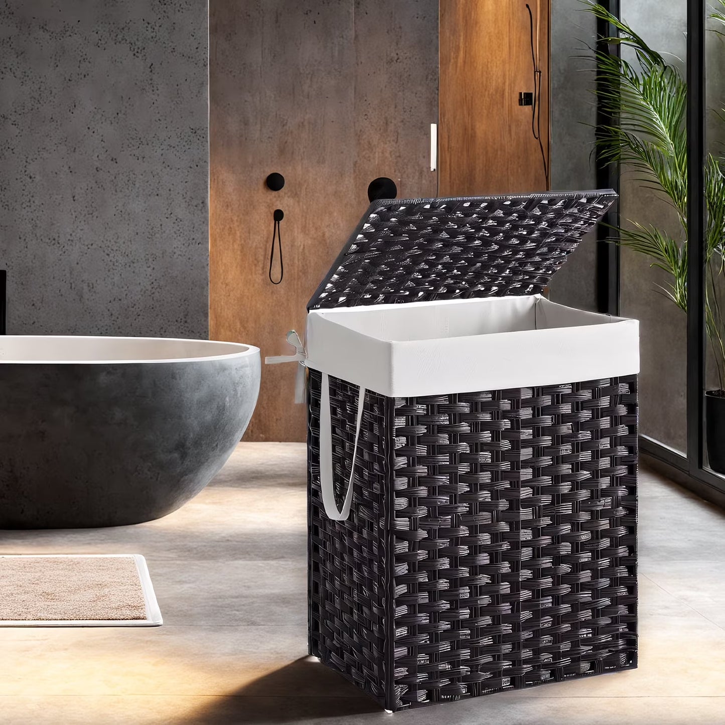 LEDREM Foldable Laundry Hamper with Removable Liner & Lid – 23.8 Gallon (90L) Synthetic Rattan Basket, Handles, Space-Saving for Bedroom，Bathroom, Black