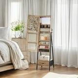 LEDREM Full-Length LED Mirror Jewelry Cabinet - Standing Armoire Organizer with 200+ Storage Slots, Lockable Drawers, Toasted Oak Color