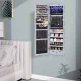 LEDREM LED Illuminated Jewelry Cabinet - 47" Tall Wall/Door Mount Organizer with Full-Length Mirror & 200+ Storage Slots, 2 Drawers, Gray