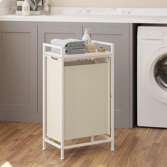 LEDREM Laundry Hamper with Removable Washable Bags, Pull-Out Shelf, Metal Frame, 12.4 Gallons Capacity, Space-Saving Design for Home, Bedroom, Bathroom, Cream White