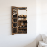 LEDREM Mirror Jewelry Cabinet & Organizer – Full-Length LED Vanity Mirror, 2 Drawers, Lockable, Wall/Door Mount, 100+ Jewelry Slots, Rustic Brown