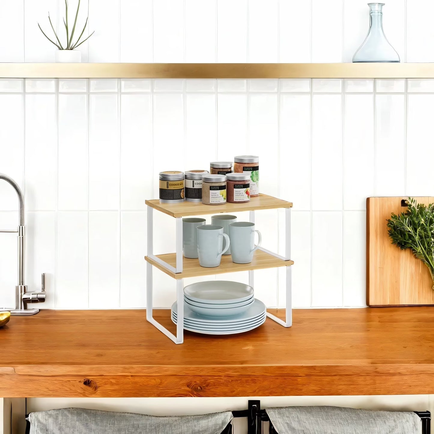 LEDREM Stackable Kitchen Shelf Organizers – Sturdy Engineered Wood & Metal, Adjustable & Space-Saving for Spices, Cans, Utensils, or Cat Feeding ，Set of 2, White