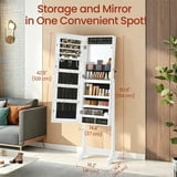 LEDREM Standing Jewelry Cabinet with LED Mirror - Full-Length Organizer, 150+ Storage Slots, 2 Lockable Drawers, Freestanding Vanity, White