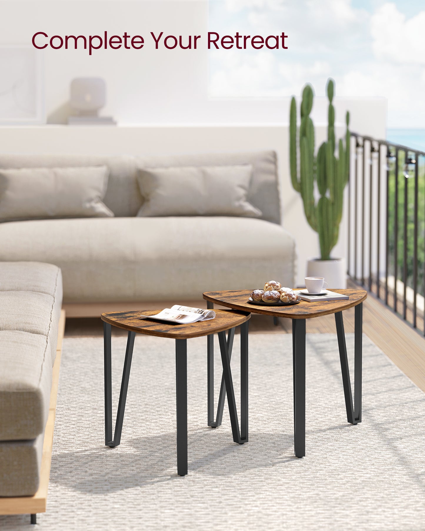 Nesting Coffee Tables, End Tables Set of 2 for Living Room Bedroom, Industrial Small Stacking Side Tables with Metal Frame for Couch, Rustic Brown and Black