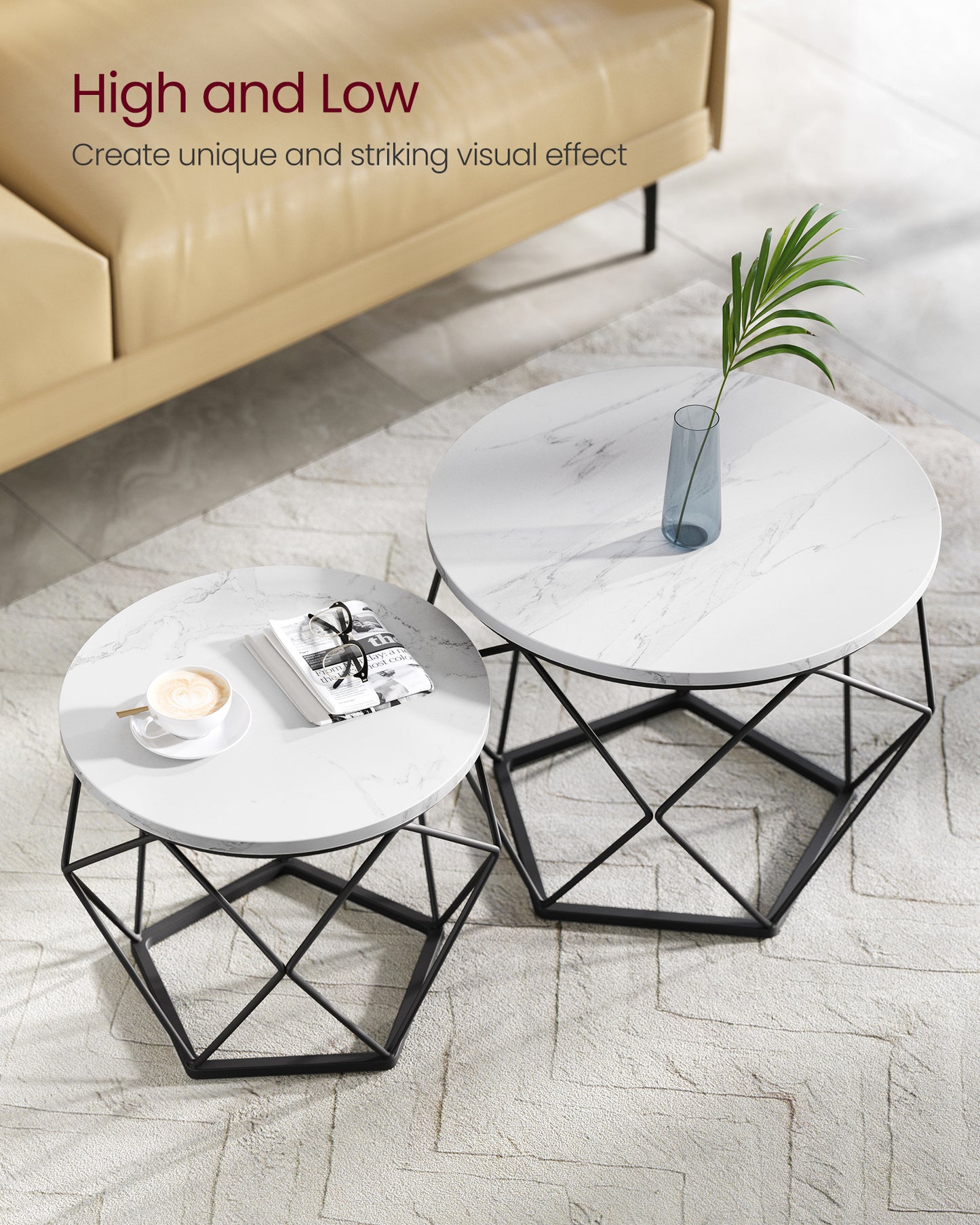 Small Coffee Table Set of 2, Round Coffee Table with Steel Frame, Side End Table for Living Room, Bedroom, Office, Marble White and Ink Black