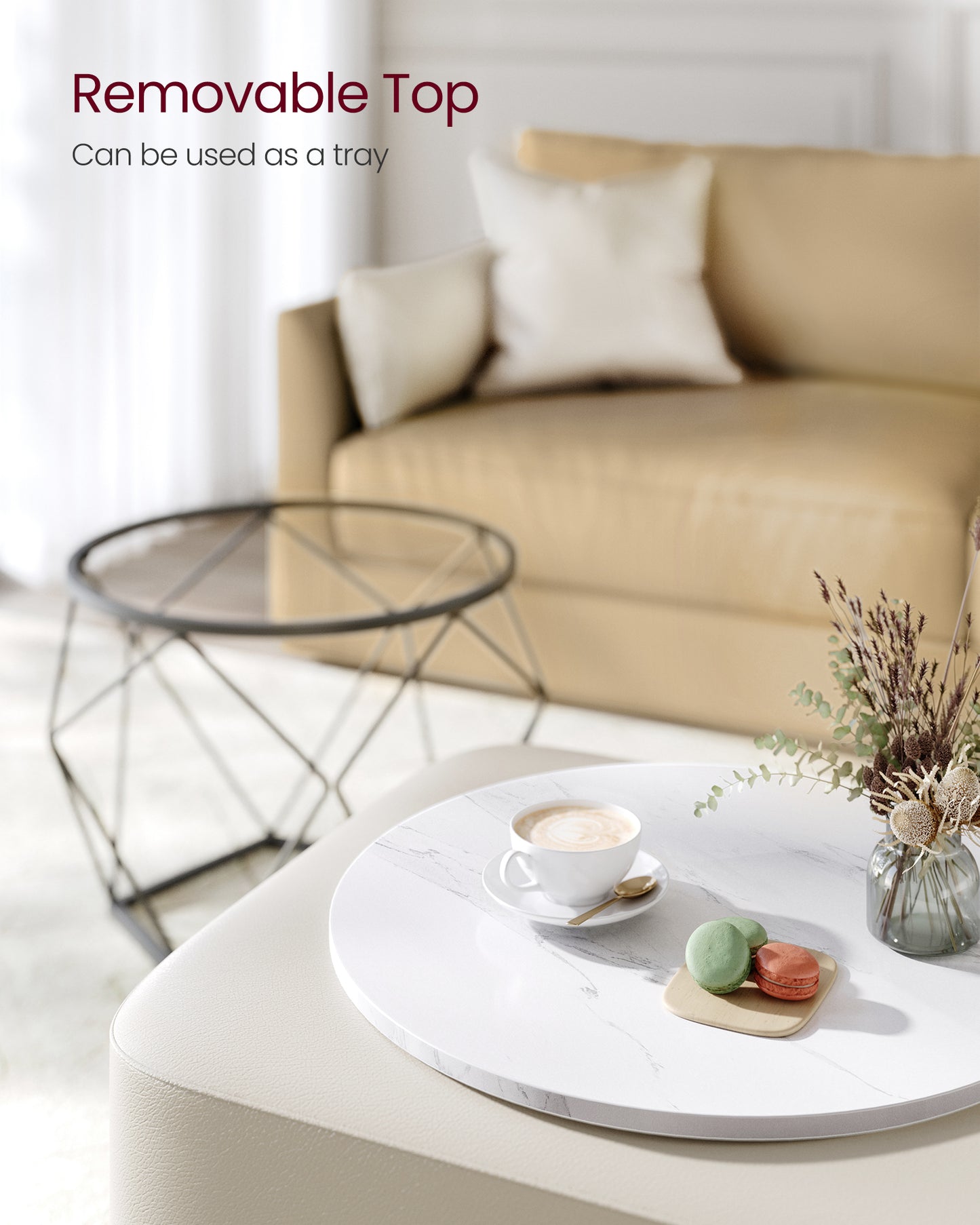 Small Coffee Table Set of 2, Round Coffee Table with Steel Frame, Side End Table for Living Room, Bedroom, Office, Marble White and Ink Black