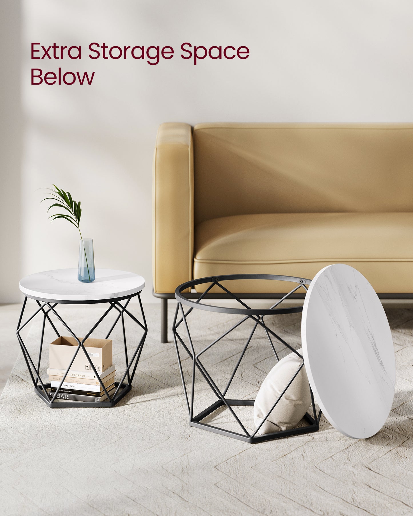 Small Coffee Table Set of 2, Round Coffee Table with Steel Frame, Side End Table for Living Room, Bedroom, Office, Marble White and Ink Black