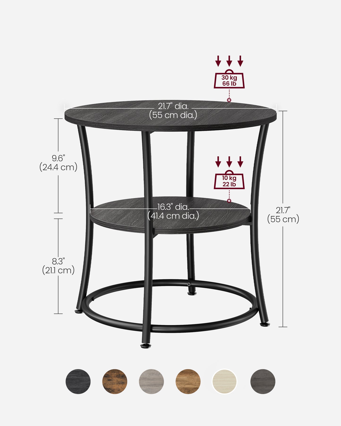 Side Table, 2-Tier Round End Table, Nightstand with Steel Frame for Small Spaces, Living Room, Bedroom, Charcoal Gray and Ink Black