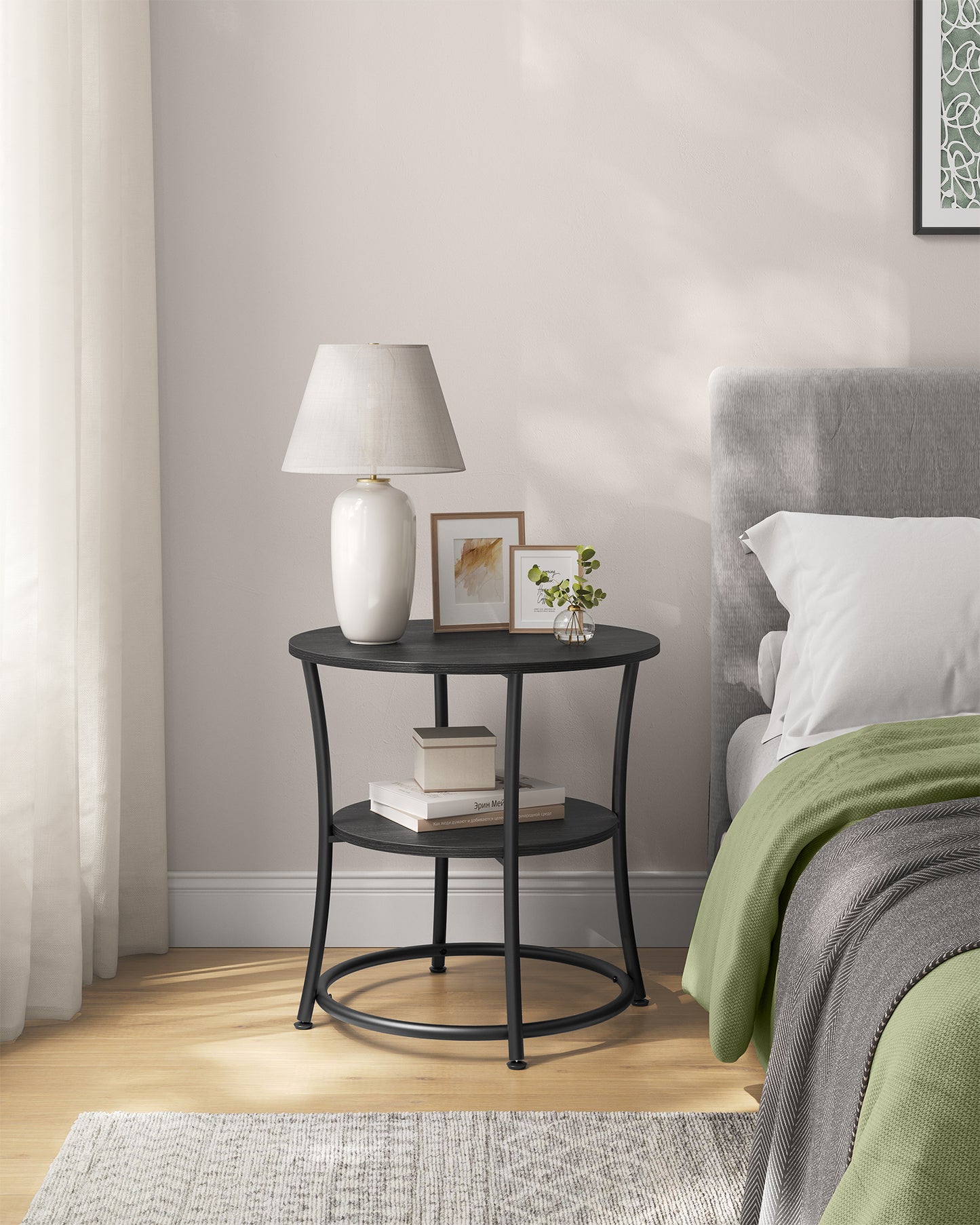 Side Table, 2-Tier Round End Table, Nightstand with Steel Frame for Small Spaces, Living Room, Bedroom, Charcoal Gray and Ink Black
