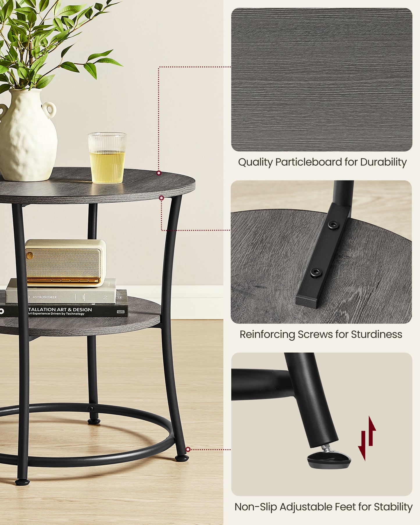 Side Table, 2-Tier Round End Table, Nightstand with Steel Frame for Small Spaces, Living Room, Bedroom, Misty Gray and Ink Black