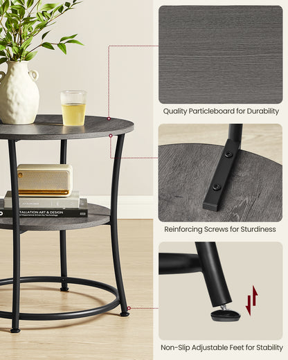 Side Table, 2-Tier Round End Table, Nightstand with Steel Frame for Small Spaces, Living Room, Bedroom, Misty Gray and Ink Black