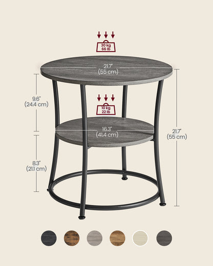 Side Table, 2-Tier Round End Table, Nightstand with Steel Frame for Small Spaces, Living Room, Bedroom, Misty Gray and Ink Black