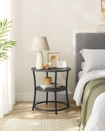 Side Table, 2-Tier Round End Table, Nightstand with Steel Frame for Small Spaces, Living Room, Bedroom, Misty Gray and Ink Black