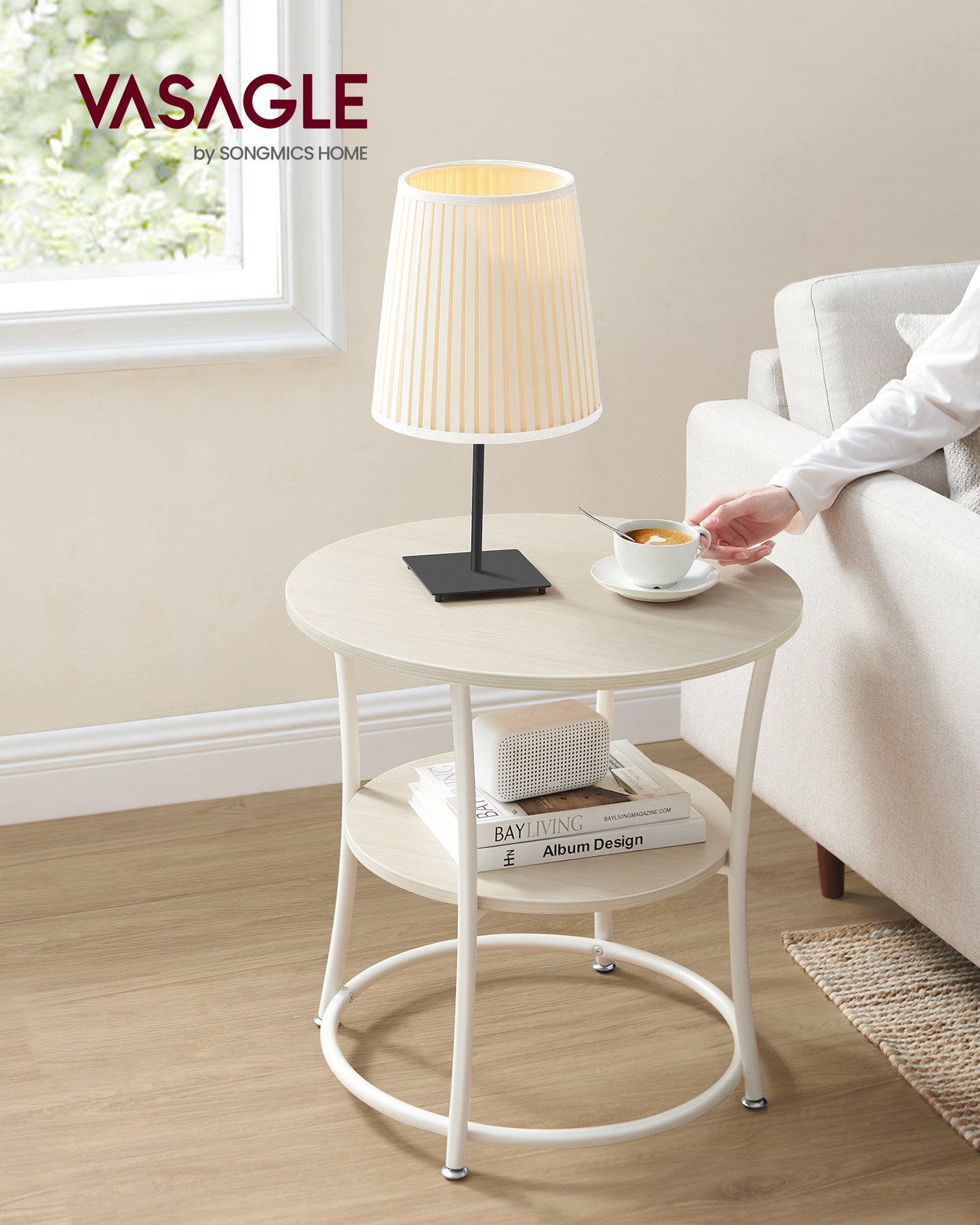 Side Table, 2-Tier Round End Table, Nightstand with Steel Frame for Small Spaces, Living Room, Bedroom, Natural Beige