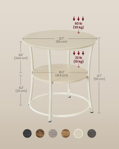 Side Table, 2-Tier Round End Table, Nightstand with Steel Frame for Small Spaces, Living Room, Bedroom, Natural Beige