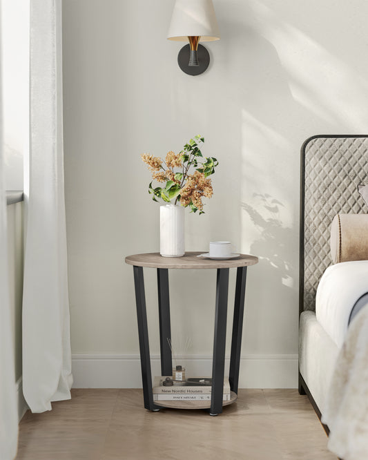 End Table, Round Side Table with Storage Shelf, Easy Assembly, Industrial Accent Furniture with Steel Frame, Heather Greige and Black