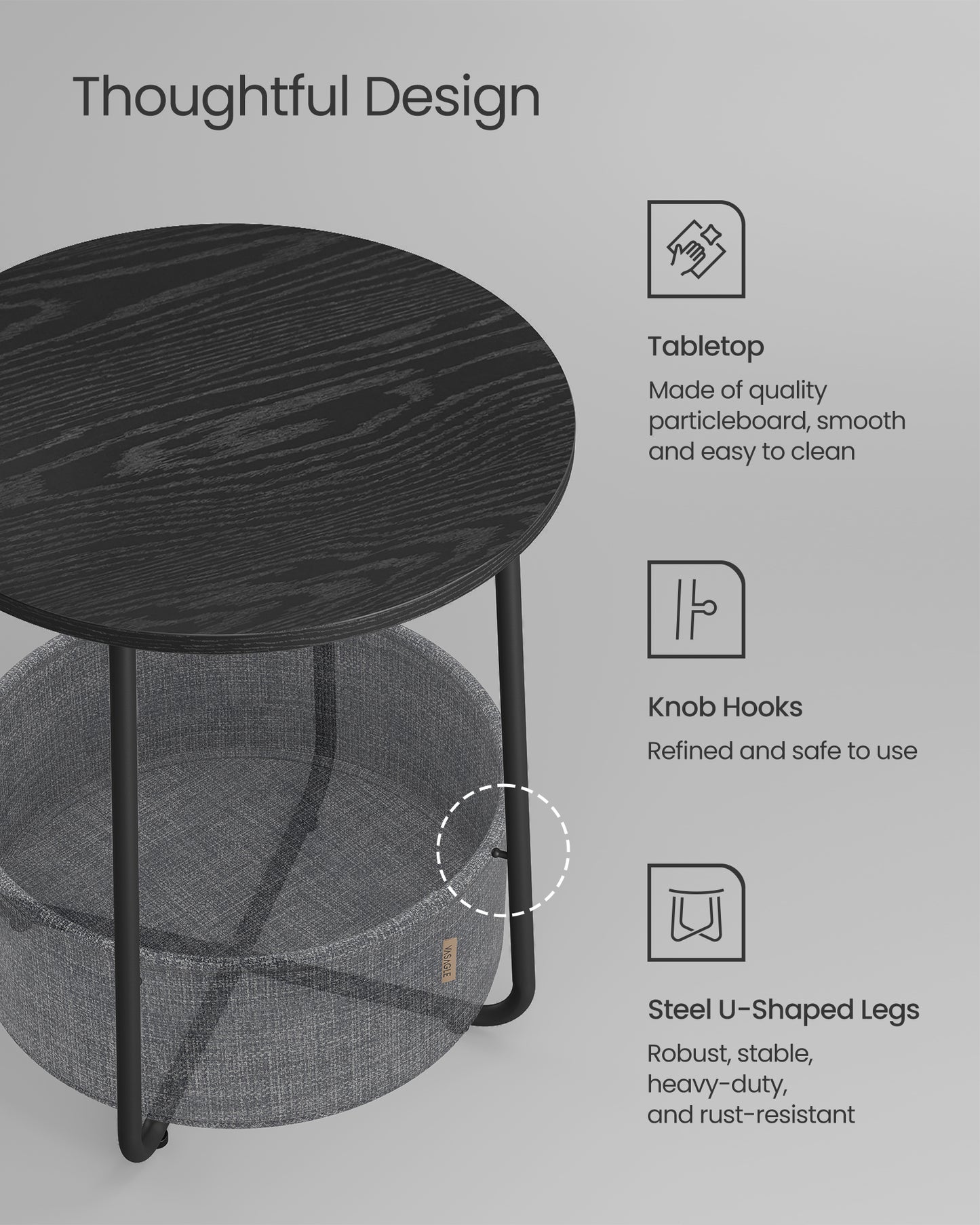Small Side Table with Storage Round End Tables Living Room Side Tables for Small Spaces Bedroom Ebony Black and Slate Gray