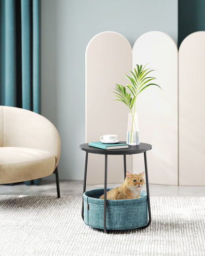 Small Round Side End Table, Modern Nightstand with Fabric Basket, Ebony Black and Turquoise Blue