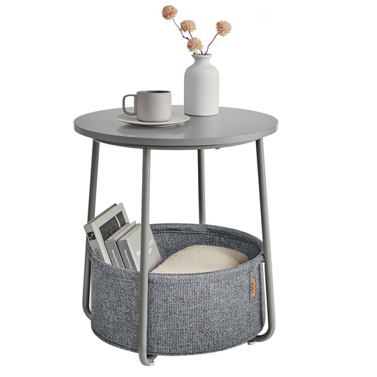 VASAGLE Round End Side Table with Fabric Storage Basket Bedside Table Nightstand for Living Room Bedroom Dove Gray and Slate Gray