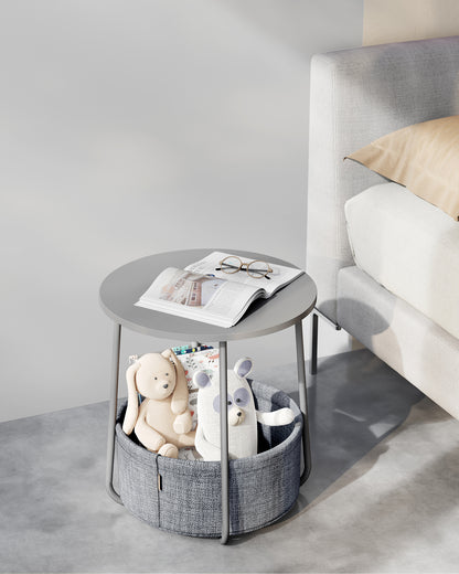 VASAGLE Round End Side Table with Fabric Storage Basket Bedside Table Nightstand for Living Room Bedroom Dove Gray and Slate Gray
