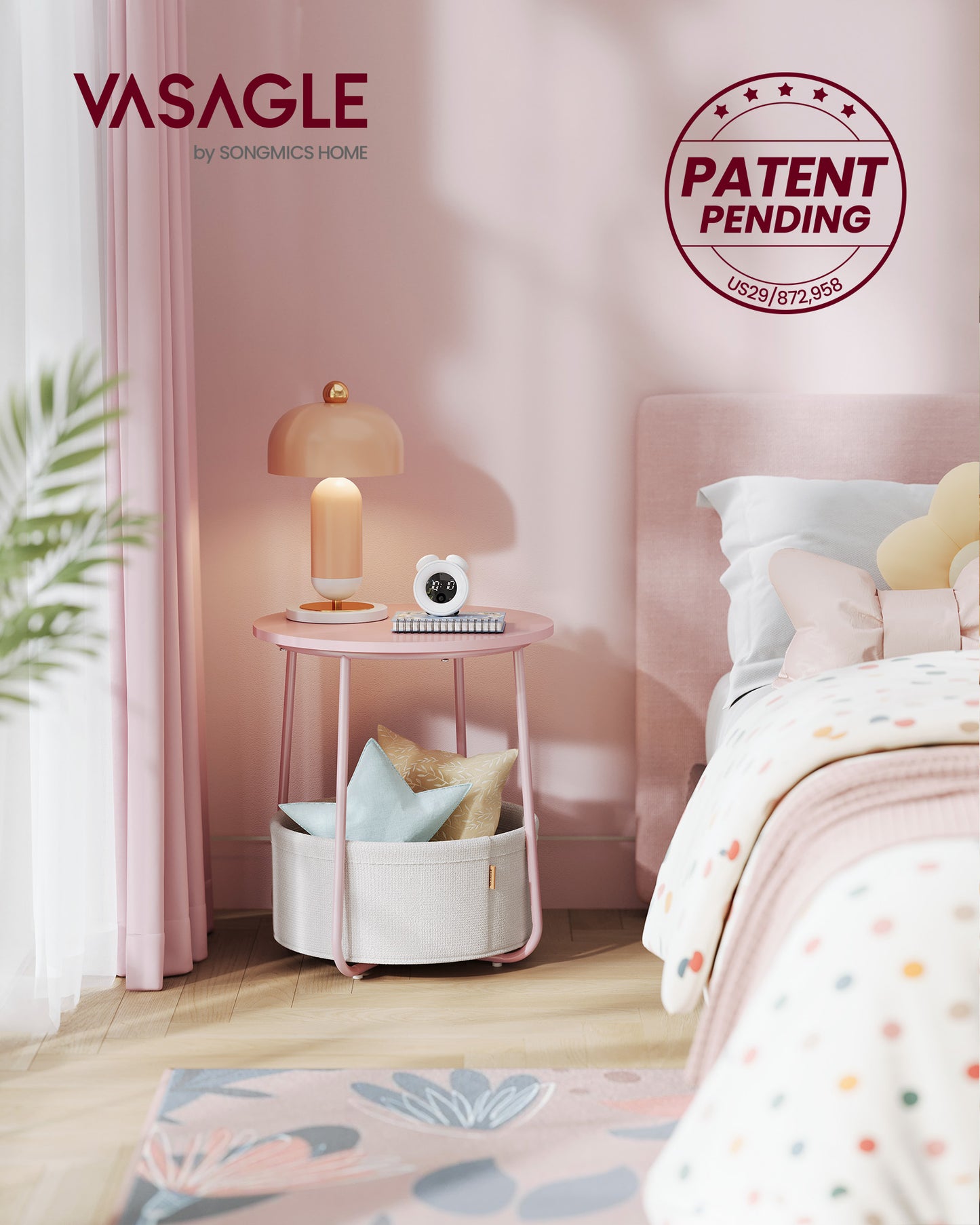 Small Round Side End Table, Modern Nightstand with Fabric Basket Jelly Pink and Cream White