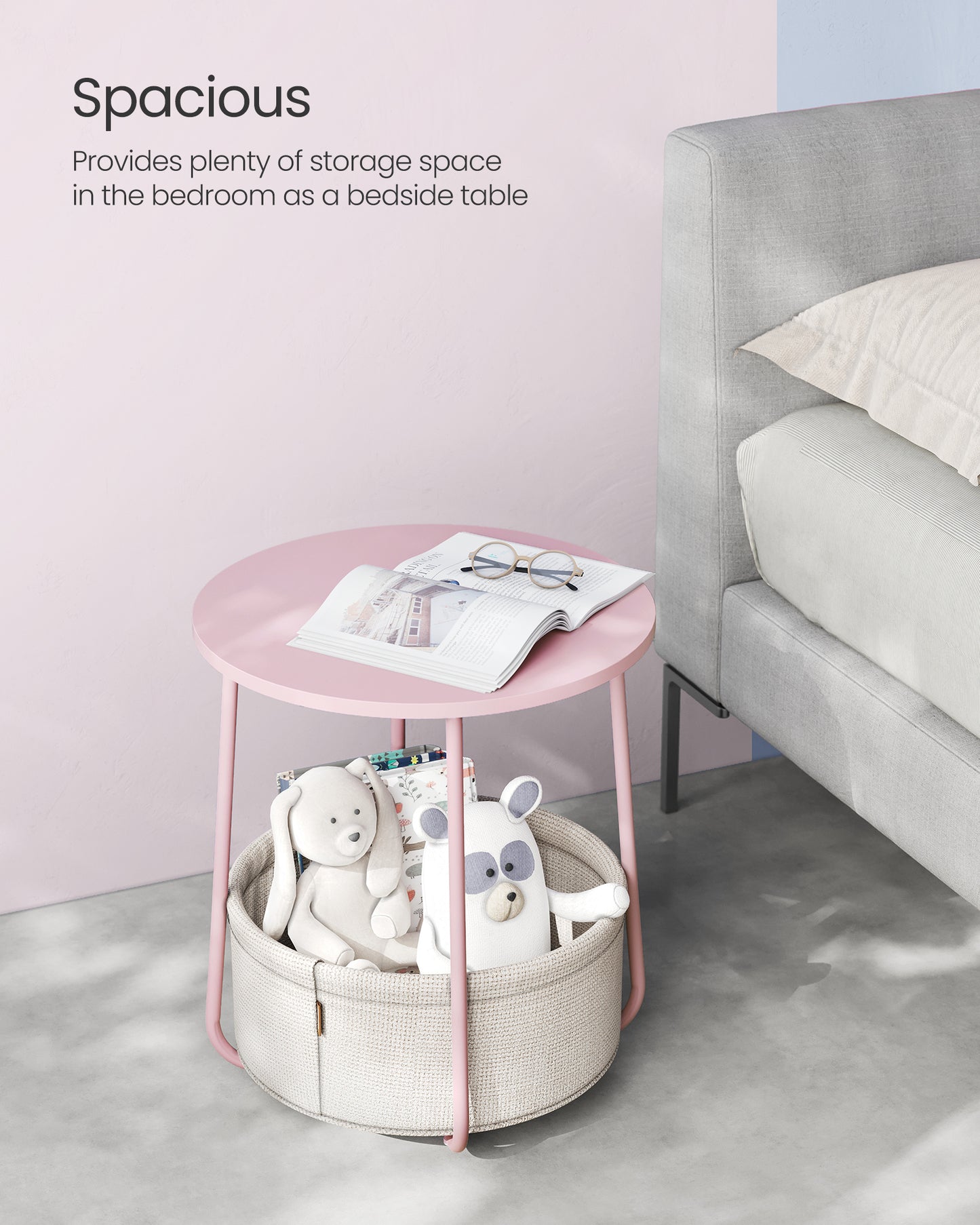 Small Round Side End Table, Modern Nightstand with Fabric Basket Jelly Pink and Cream White