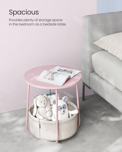 Small Round Side End Table, Modern Nightstand with Fabric Basket Jelly Pink and Cream White