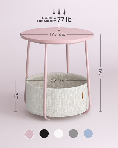 Small Round Side End Table, Modern Nightstand with Fabric Basket Jelly Pink and Cream White