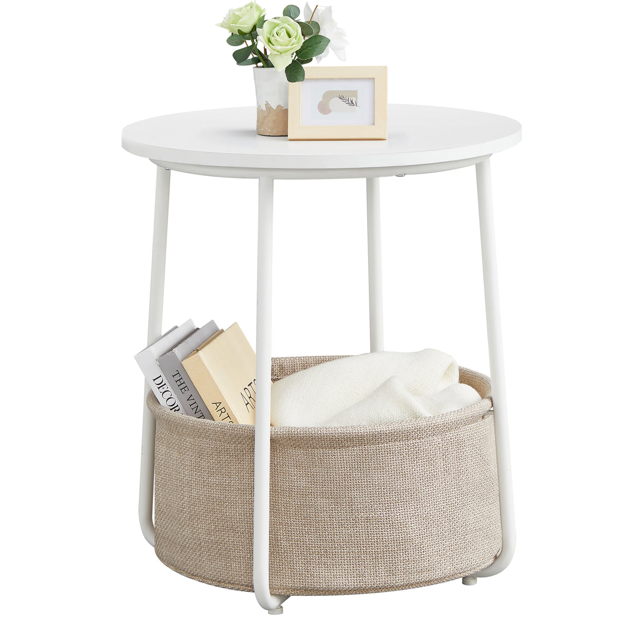 Small Round Side End Table, Modern Nightstand with Fabric Basket Matte White and Camel Brown
