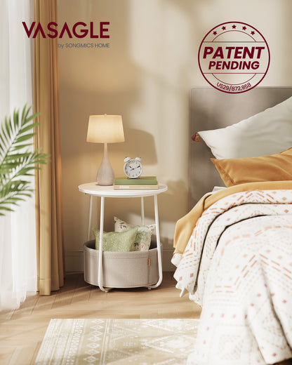 Small Round Side End Table, Modern Nightstand with Fabric Basket Matte White and Camel Brown