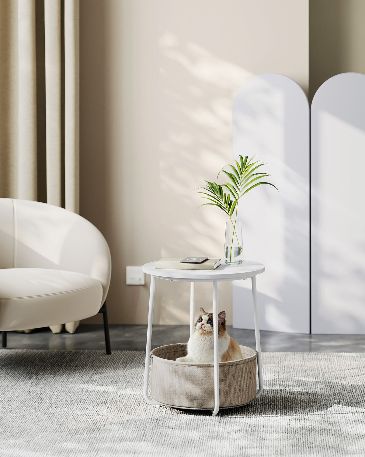 Small Round Side End Table, Modern Nightstand with Fabric Basket Matte White and Camel Brown