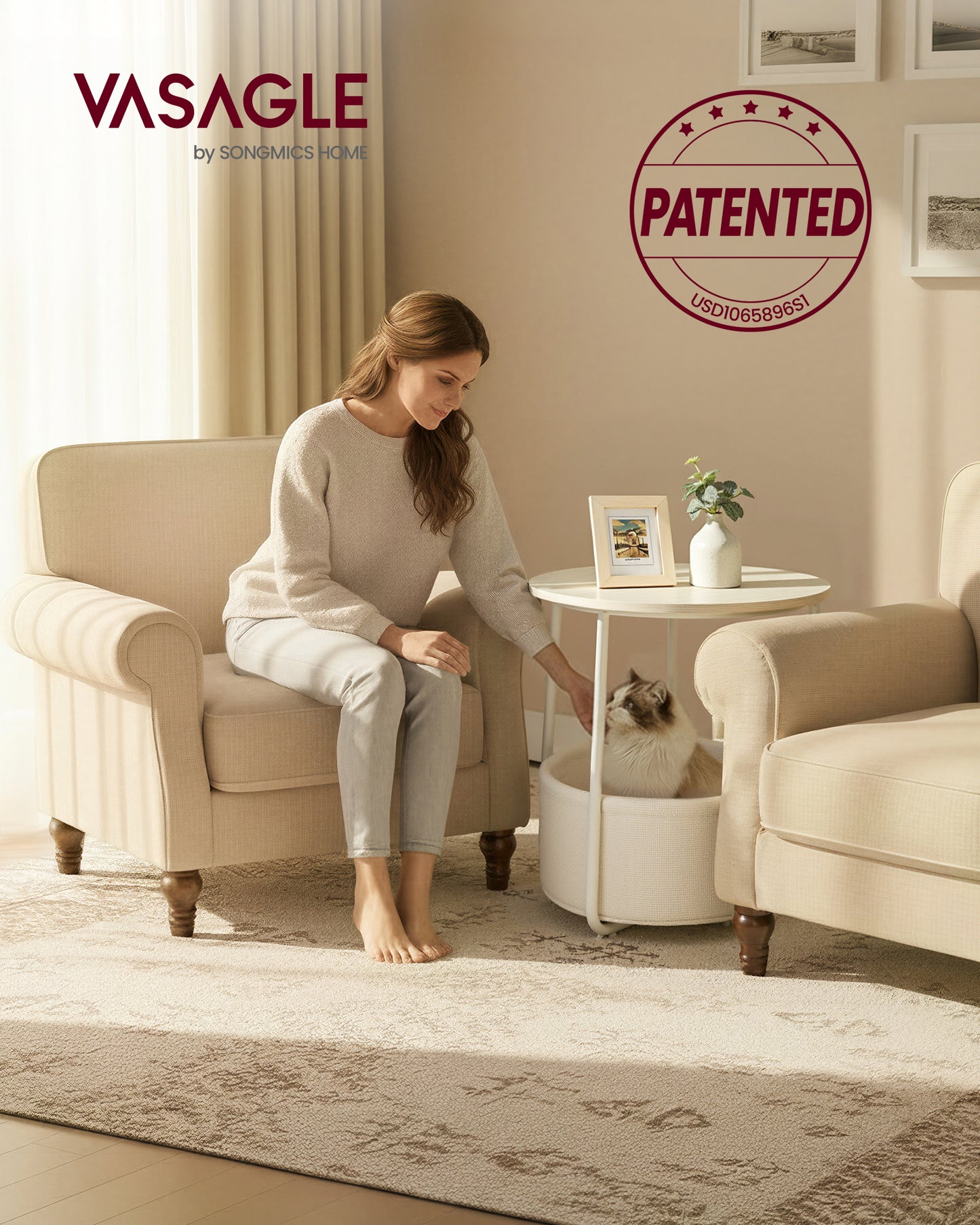 VASAGLE LILEA Collection - Small Round Side End Table, Modern Nightstand with Fabric Basket, for Living Room, Bedroom, Set of 2, Cream White