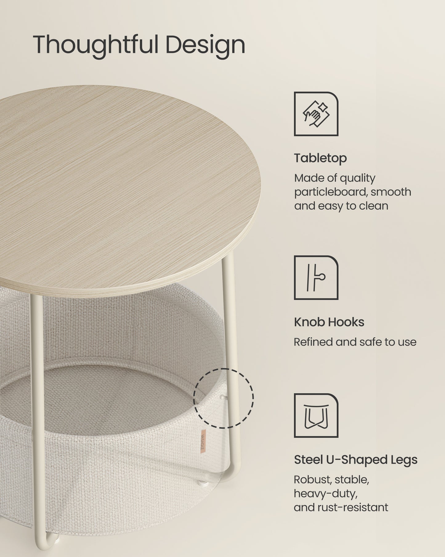 VASAGLE LILEA Collection - Small Round Side End Table, Modern Nightstand with Fabric Basket, for Living Room, Bedroom, Set of 2, Cream White