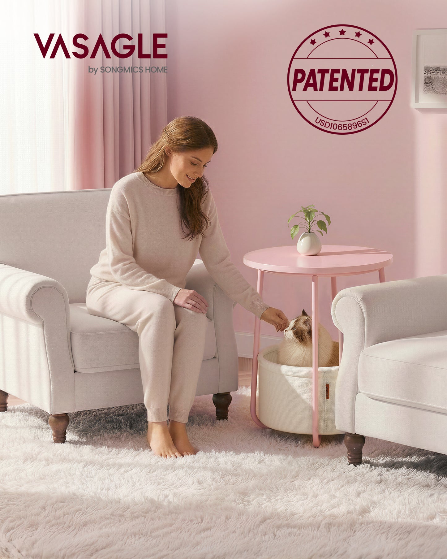 VASAGLE LILEA Collection - Small Round Side End Table, Modern Nightstand with Fabric Basket, Set of 2, Jelly Pink and Cream White