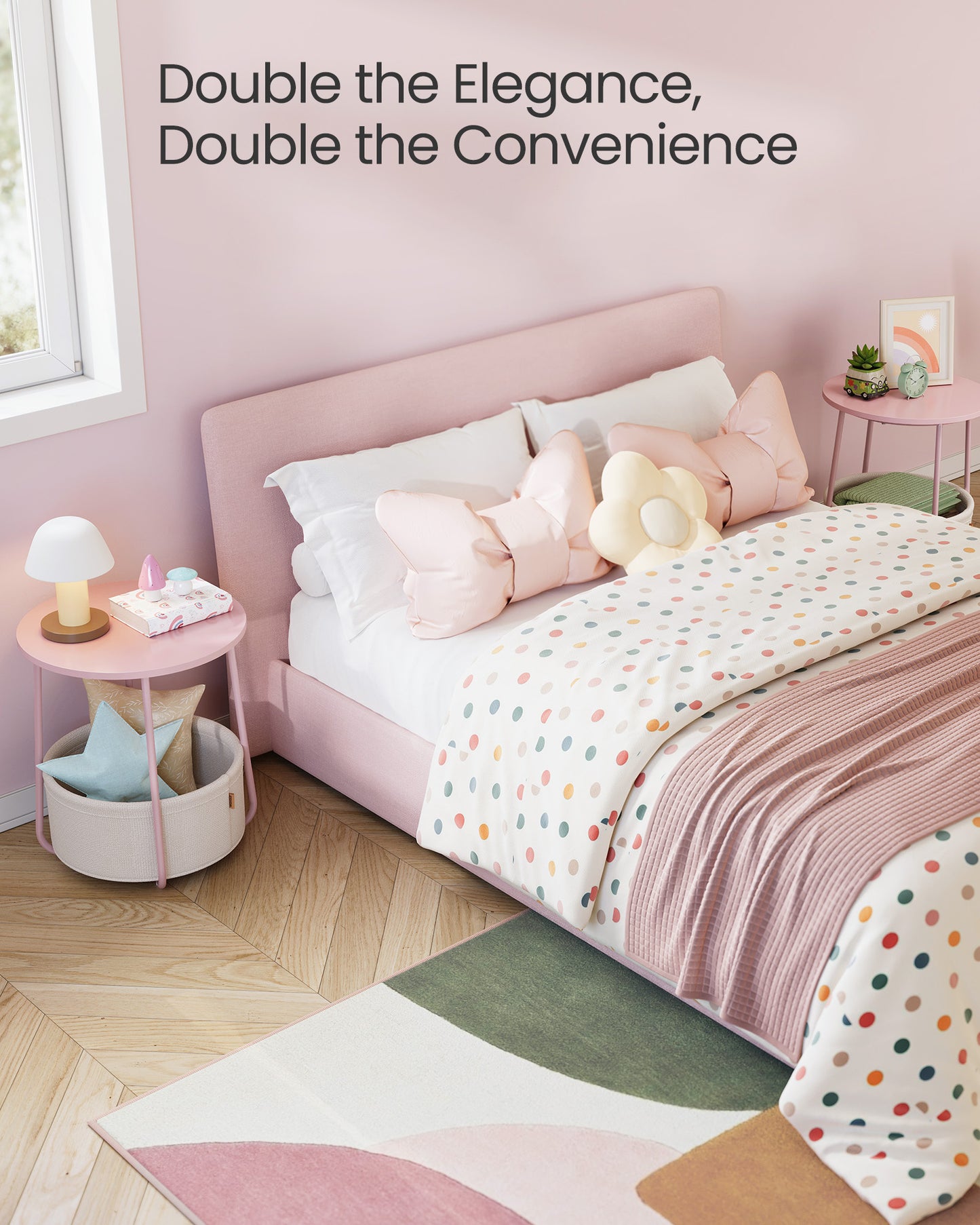 VASAGLE LILEA Collection - Small Round Side End Table, Modern Nightstand with Fabric Basket, Set of 2, Jelly Pink and Cream White