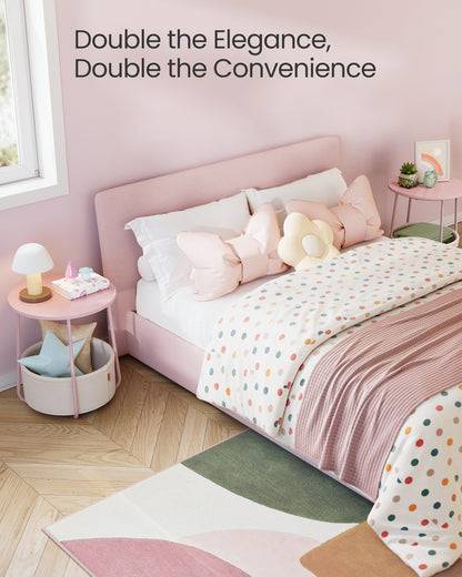 VASAGLE LILEA Collection - Small Round Side End Table, Modern Nightstand with Fabric Basket, Set of 2, Jelly Pink and Cream White