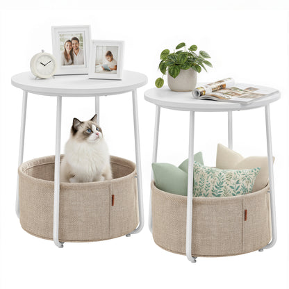 VASAGLE LILEA Collection - Small Round Side End Table, Modern Nightstand with Fabric Basket, for Living Room, Bedroom, Set of 2, Matte White and Camel Brown