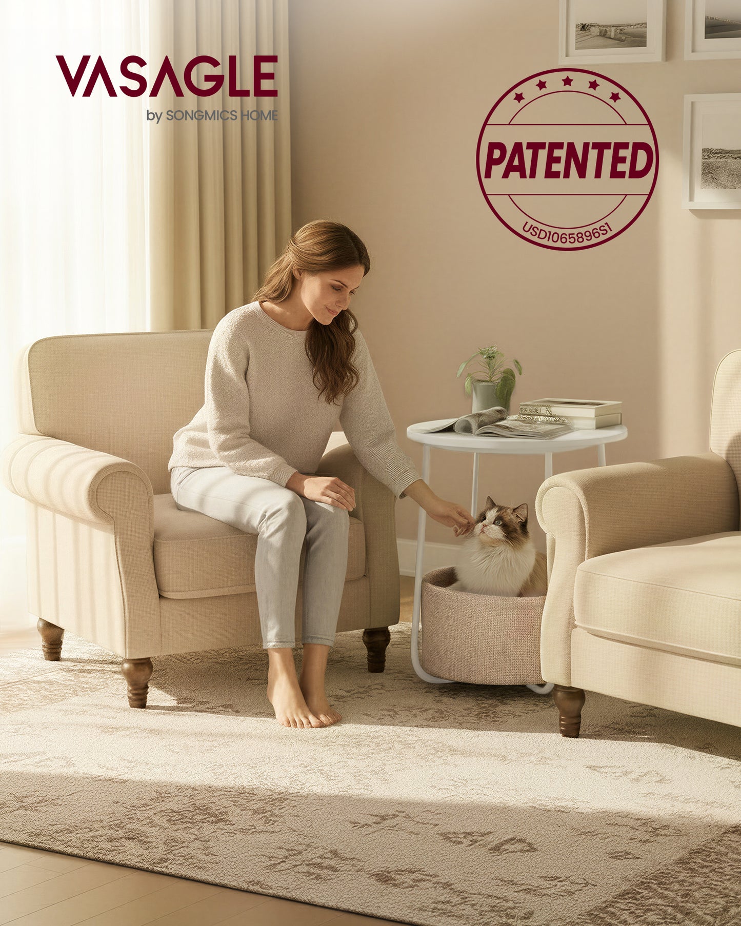 VASAGLE LILEA Collection - Small Round Side End Table, Modern Nightstand with Fabric Basket, for Living Room, Bedroom, Set of 2, Matte White and Camel Brown