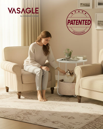 VASAGLE LILEA Collection - Small Round Side End Table, Modern Nightstand with Fabric Basket, for Living Room, Bedroom, Set of 2, Matte White and Camel Brown